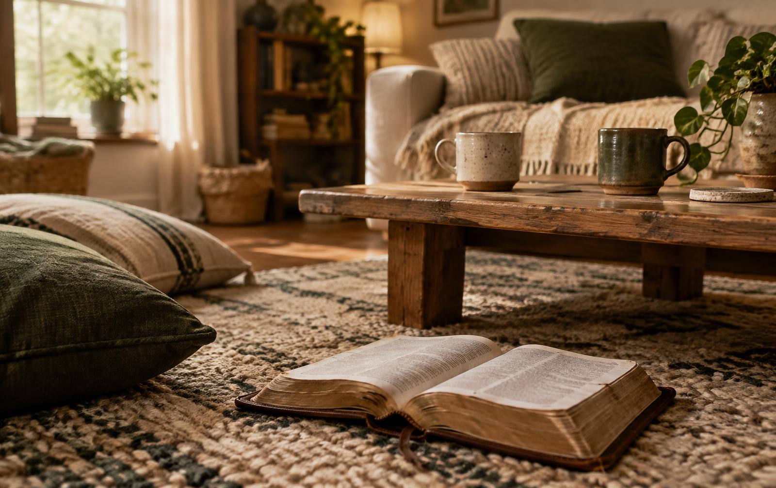 An open Bible resting on a hand-woven rug in a warmly lit living room